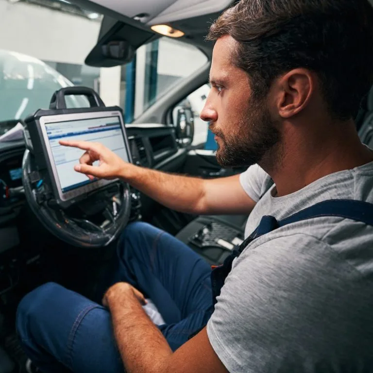 KFZ-Mechaniker bei präziser Arbeit am Fahrzeug